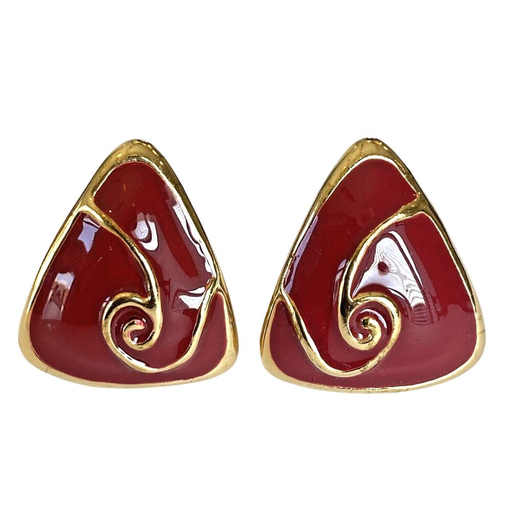 Vintage 1980’s Clip On Earrings Goldtone & Deep Red Enamel Geometric Mod Swirl